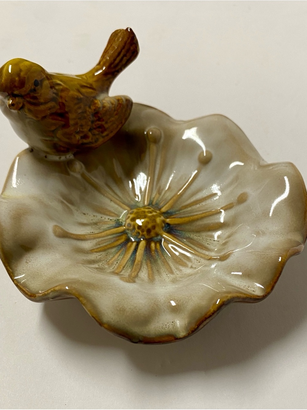 Glazed Ceramic Bird Trinket Dish in Cream and Mustard